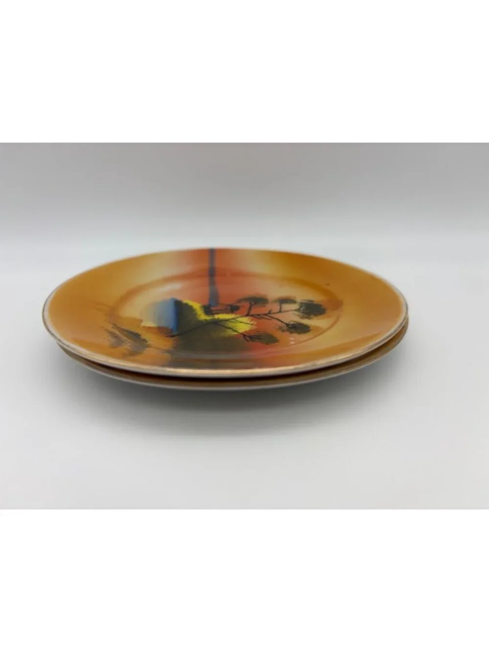 Vintage Japanese Lusterware Plates Set 2 5in Hand Painted Windmill Landscape Art